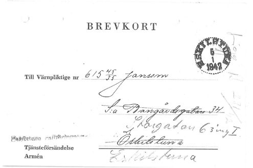Brevkort Sven Oskar Bertil Jansson