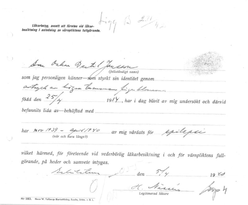 Läkarintyg Sven Oskar Bertil Jansson